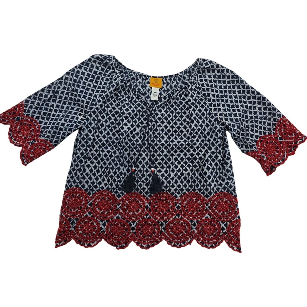 Ruby Rd Petite PM Navy White Print Top Red Embroidered Hem Tassel Cotton Blouse